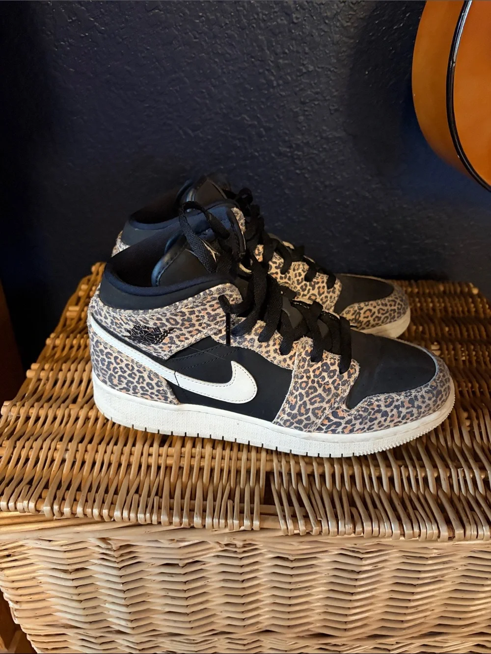 Nike Air Jordan 1 Mid Leopard Print Sneakers - Black & Tan